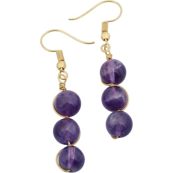 Purple Wire Wrapped Triple Ball Beaded Dangle Trendy Hook Earrings for Ladies - Picture 2 of 4